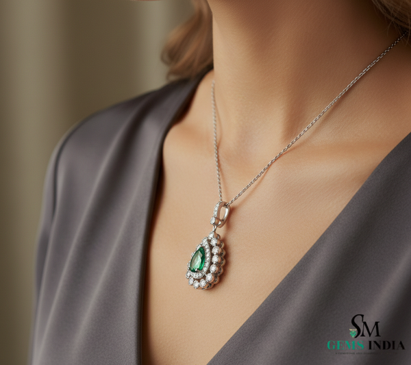 Natural Green Emerald & Diamond Teardrop Pendant - Anniversary Gift