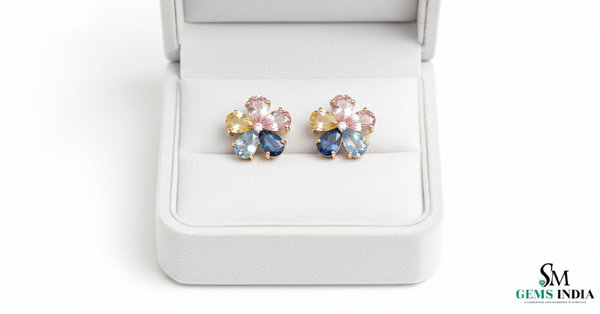 Multicolor Sapphire & Gemstone Flower Stud Earrings – Floral Diamond Accent Earrings for Women