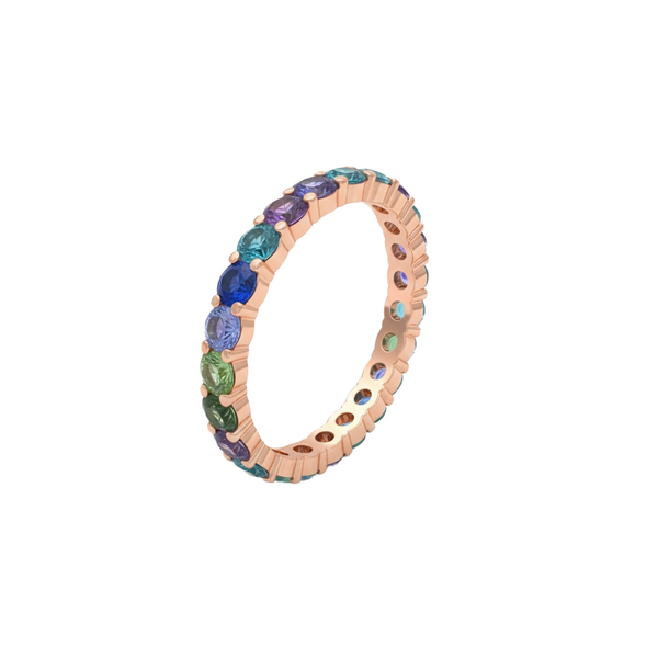 Doppelter Smaragd-Ring in offenem Design aus 14 Karat Gold – Band mit quadratisch und rund geschliffenen grünen Edelsteinen