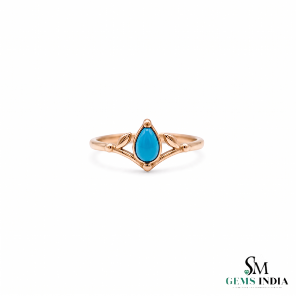 Teardrop Turquoise Ring With Leaf Accent Details – Blue Turquoise Statement Ring