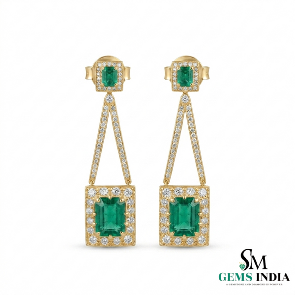 Luxury Emerald cut Emerald and Diamond Dangle Earrings – 14K Gold Statement Jewelry