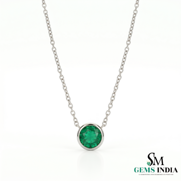 Round Emerald Bezel Set Pendant Necklace – Minimalist Solitaire Green Gemstone Fine Jewelry