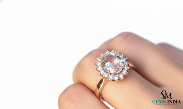 Luxury Oval Morganite Halo Ring with Diamonds - Blush Pink Engagement Ring