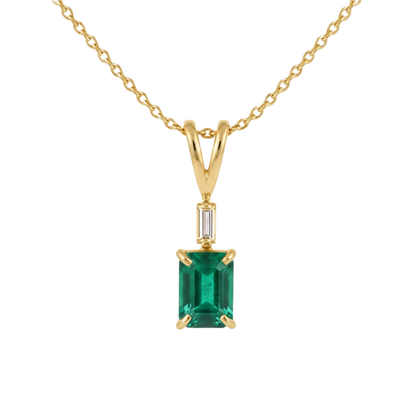Elegant 1.03 carat Emerald cut Natural Emerald and Baguette Diamond Drop Pendant
