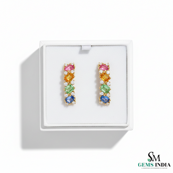 Emerald cut Rainbow Sapphire & Diamond Vertical Drop Stud Earrings