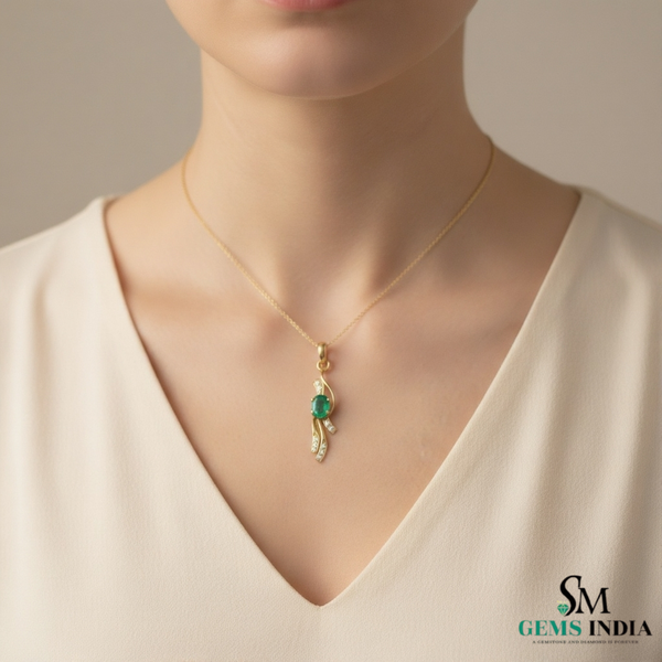 Oval shape Natural EmeraldDiamond Swirl Pendant in 18k Gold