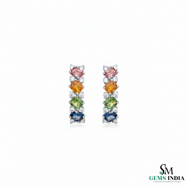 Emerald cut Rainbow Sapphire & Diamond Vertical Drop Stud Earrings