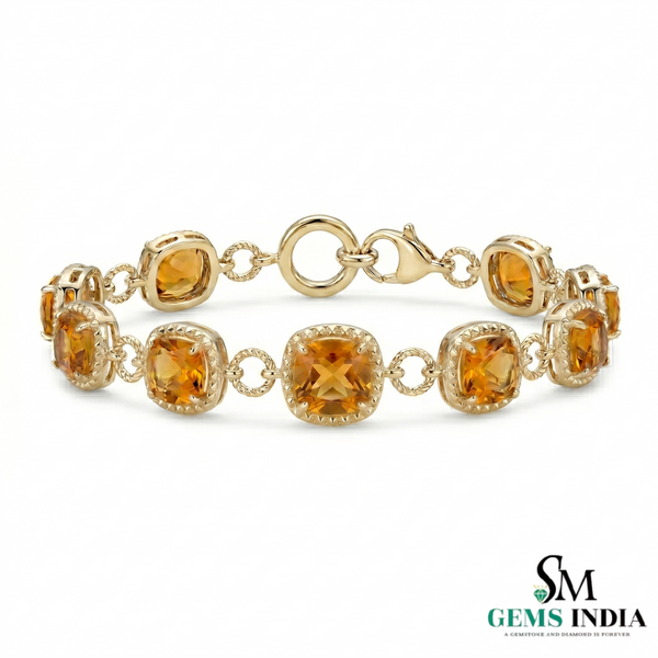 Natural Cushion Cut Citrine Halo Bracelet - Fine Gemstone Tennis Bracelet for Women
