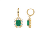 Gold Drop Earrings with Emerald cut Natural Green Stone &amp; Sparkling Halo
