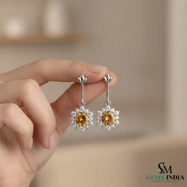 Round cut Natural Citrine & Diamond Floral Drop Earrings - Luxury Jewelry Gift