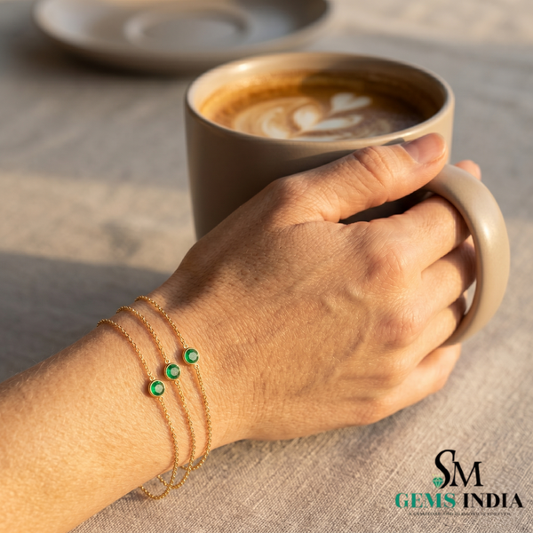 Fine Emerald Bezel Set Bracelet in 14K Gold – Elegant Triple Chain Station Bracelet for Women