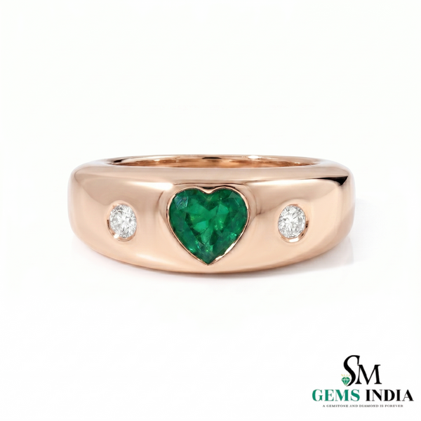 Heart Shape Emerald and Diamond Ring - Bold Signet Style Band