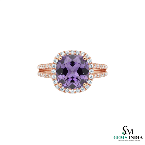 Cushion Cut Natural Amethyst & Diamond Halo Engagement Ring