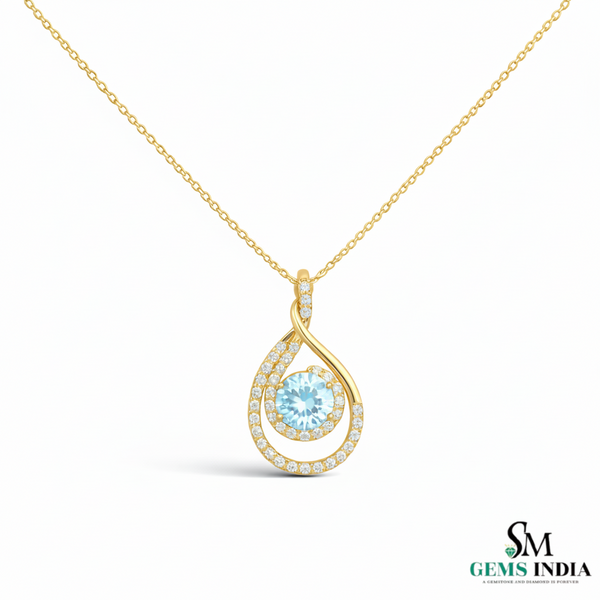Classic Round Aquamarine Diamond Swirl Teardrop Pendant