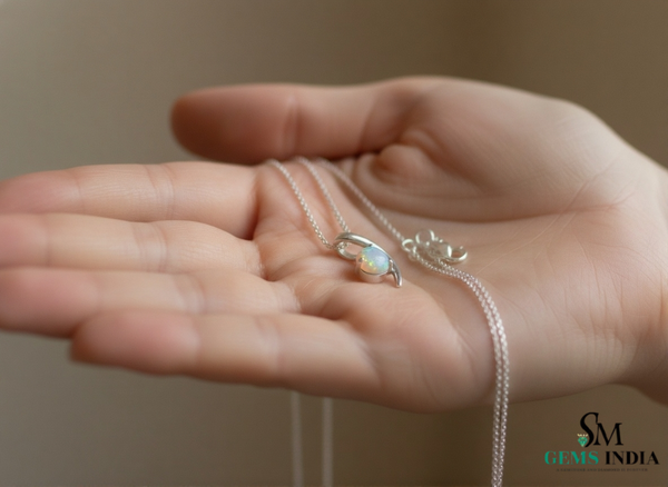 Round Opal Birthstone Crescent Pendant for Women