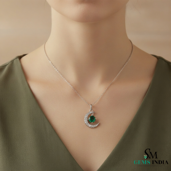 Crescent Moon Round Natural Emerald Pendant in 18k Gold Minimalist Birthstone Jewelry