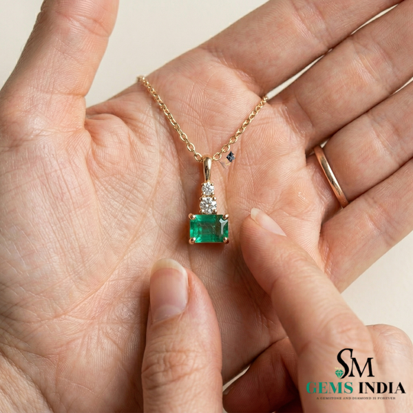 Emerald Cut Green Emerald Pendant with Double Round Diamond Accent