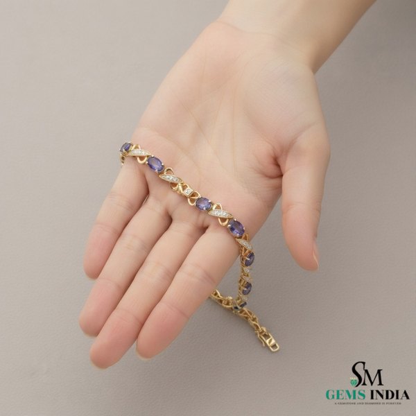 Natural Tanzanite and Diamond Link Bracelet Fine Gold Jewelry