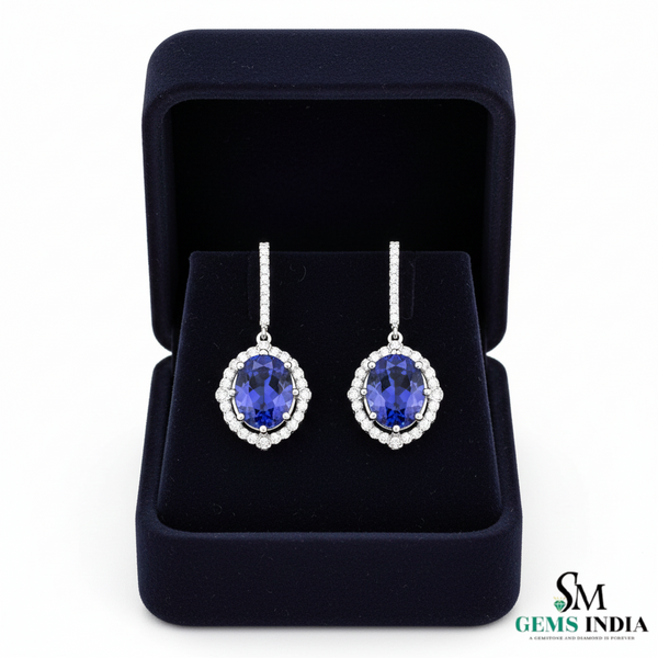 Elegant Oval Blue Tanzanite Diamond Halo Earrings - Fine Gemstone Jewelry