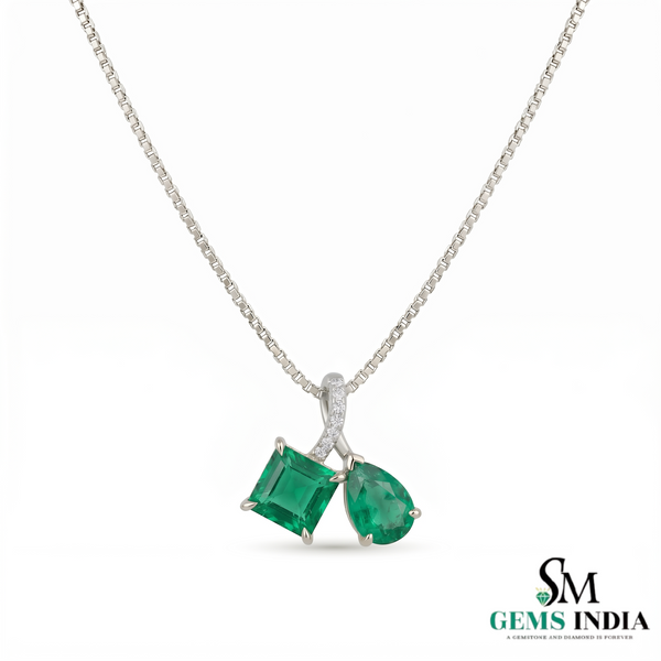 Square Cut & Pear Shape Emerald Pendant Necklace in 14K Gold - Elegant Fine Jewelry