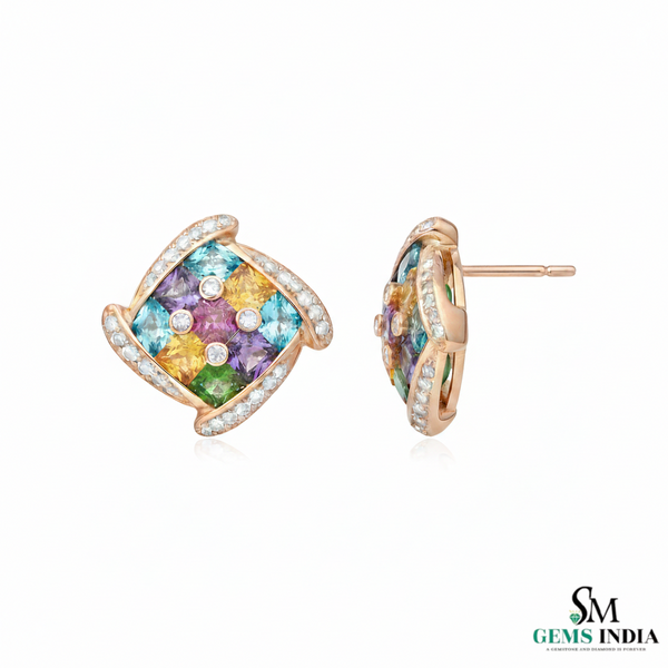 Multicolor Sapphire Cluster Earrings with Diamond Halo - Colorful gemstone earrings