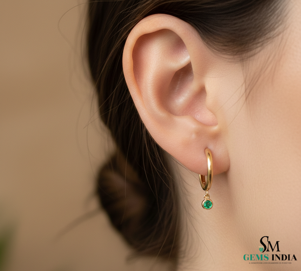 Emerald Drop Hoop Earrings in Gold – Round Emerald Dangle Huggie Earrings