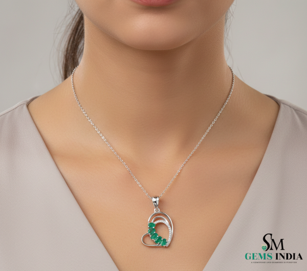 Oval shape Natural Emerald Diamond Heart Pendant - Fine Gemstone Jewelry