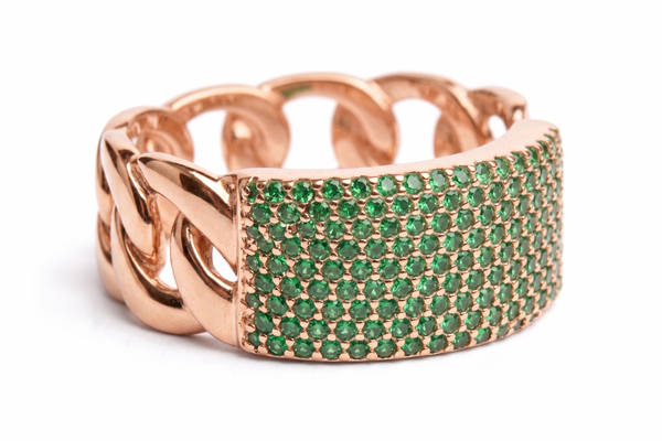 1.30 carat Round Shaped Natural Emerald Iced Out Green Stone Chain Link Ring For men's