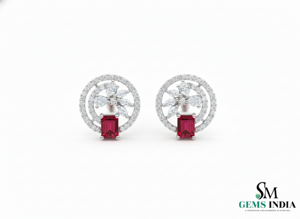 Emerald Cut Ruby & Moissanite Halo Stud Earrings in 14k Gold Gift for Her