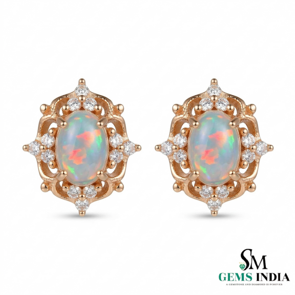 Oval Natural Opal & Diamond Stud Earrings Classic Gold Opal Earrings