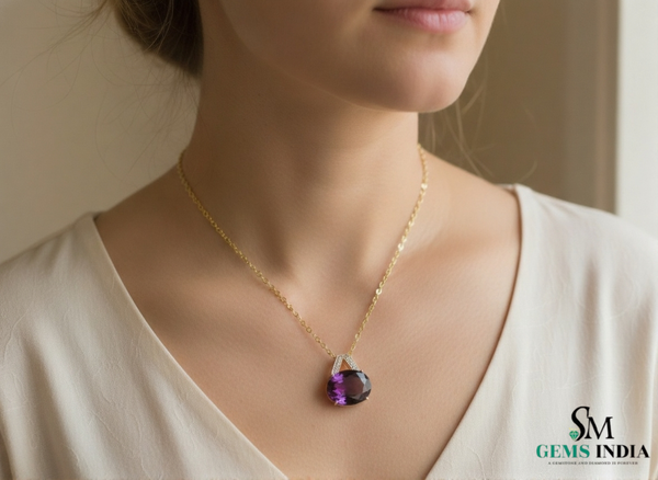 Oval Cut Amethyst & Diamond Drop Pendant– Minimal Diamond Accent