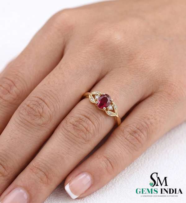 Natural Oval Ruby Ring with Diamond Leaf Design - Classic Ruby Jewelry