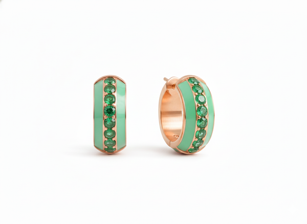 Green Enamel Huggie Hoop Earrings with Sparkling Green Stones Round Green Gemstones