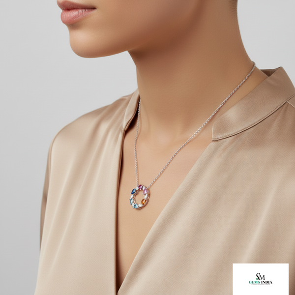 Rainbow Gemstone Circle Pendant Necklace in 18k gold Multicolor Pear Cut Stones Jewelry