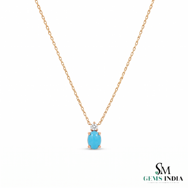 Oval Turquoise Gemstone Pendant With Diamond Accent – Gift For Her