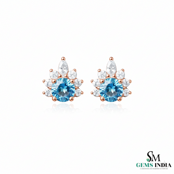 March Birthstone Round Aquamarine Diamond Cluster Stud Earrings