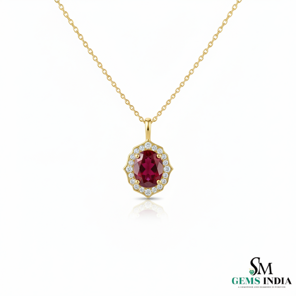 Vintage Style Oval Cut Natural Ruby and Diamond Halo Pendant in 18k Gold