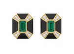 1.30 carat Emerald Cut Zambian Emerald & Diamond Black Enamel 14k Gold Stud Earrings