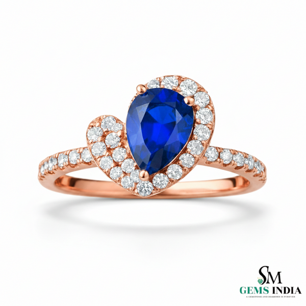 Pear Shape Blue Sapphire Diamond Ring with Heart Halo - Promise Ring