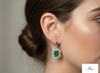 Gold Drop Earrings with Emerald cut Natural Green Stone &amp; Sparkling Halo