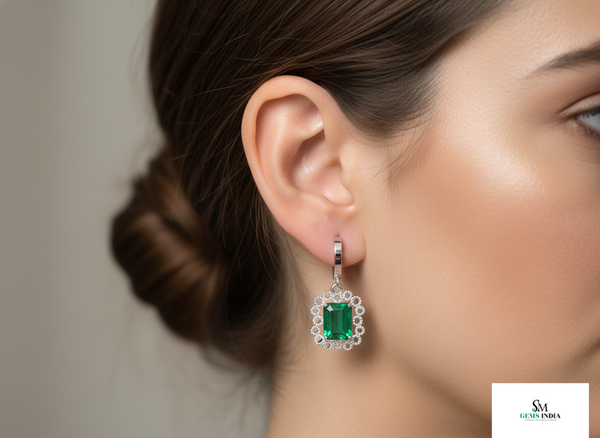 Gold Drop Earrings with Emerald cut Natural Green Stone &amp; Sparkling Halo