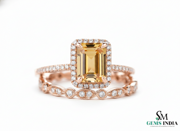 Luxury Emerald Cut Double Band Citrine Ring with Diamond Halo