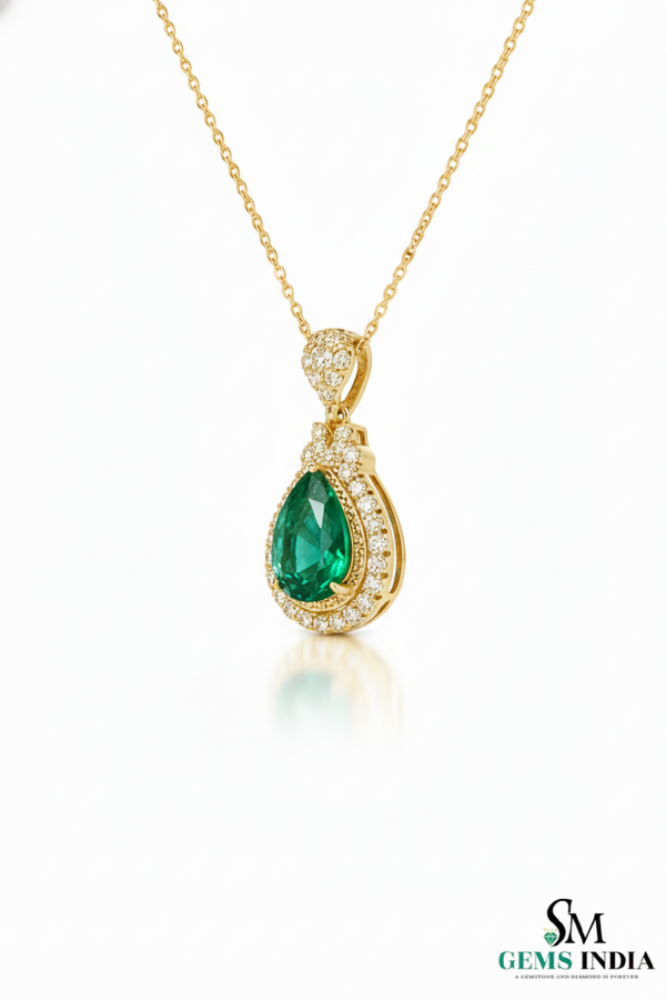 Natural Pear Cut Emerald Diamond Halo Pendant - Elegant Green Emerald Jewelry