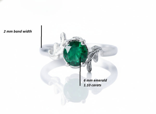 Natural Emerald Ring with Leaf Pattern Band Promise Ring in 14k Gold 1.10 carat Emerald Wedding RIng