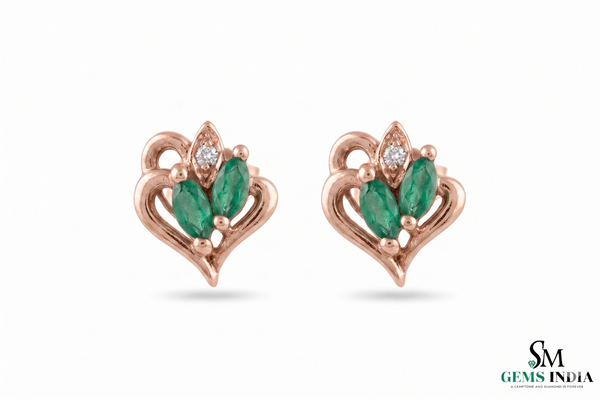 Marquise Emerald Heart Shaped Gold Stud Earrings