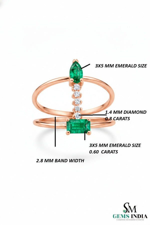 Pear & Emerald Cut Emerald Open Ring with Diamond Bar