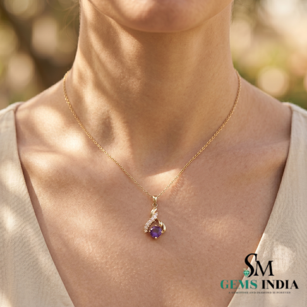 Round Amethyst Pendant Diamond Accent Purple Gemstone - Gift for Her