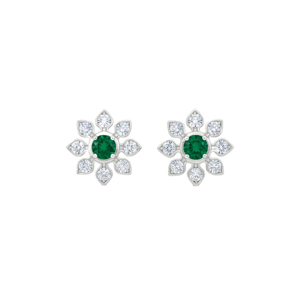 1.60 carat Daisy Flower Stud Earrings in Gold with Natural Emerald-Green Stone