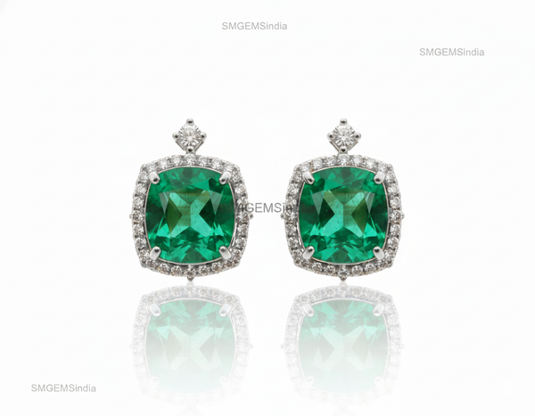 Cushion Cut Natural Emerald Halo Stud Earrings in 14K Gold Green Gemstone Gift for her&nbsp;