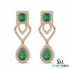 14K Gold Square Cut & Pear Emerald Diamond Dangle Earrings